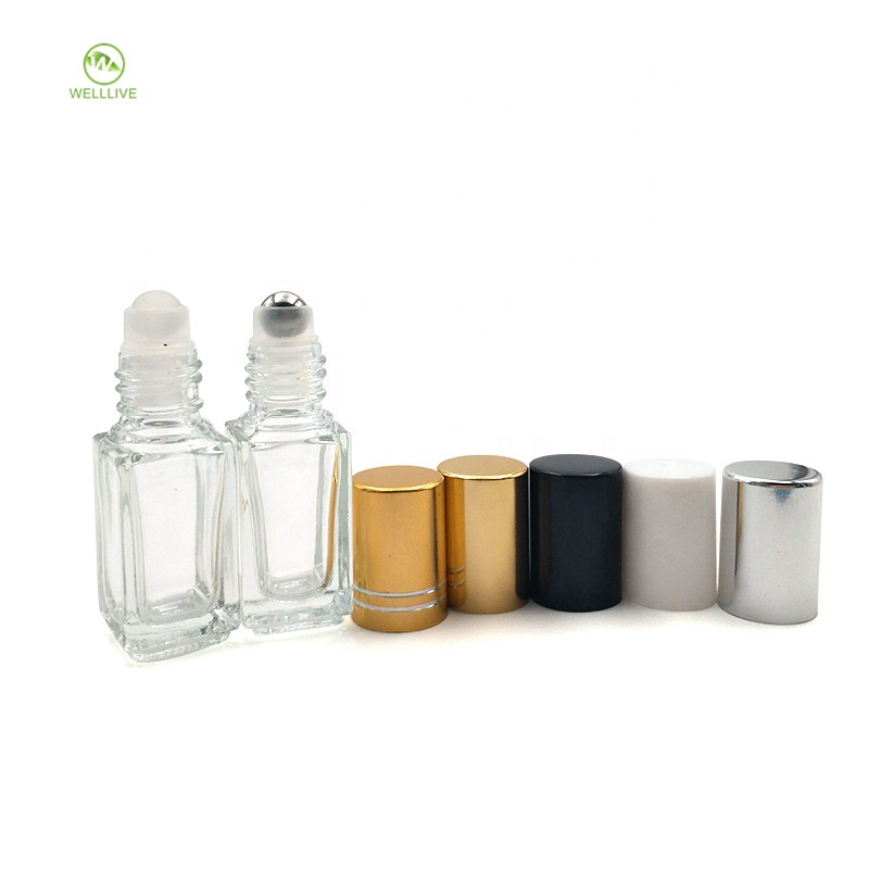 Plastic aluminum screw lid 3ml mini clear rectangular glass roll on bottle for attar essential oil packaging