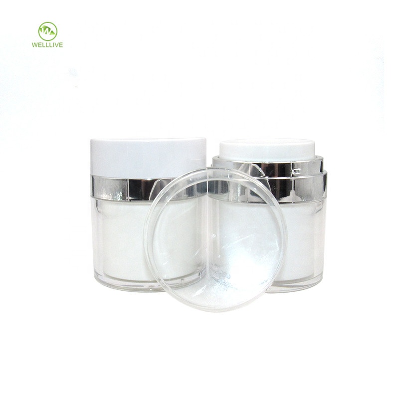 Plastic pharmaceutical cream use and press pump sealing type 50g round pearl white acrylic airless cosmetic serum jar