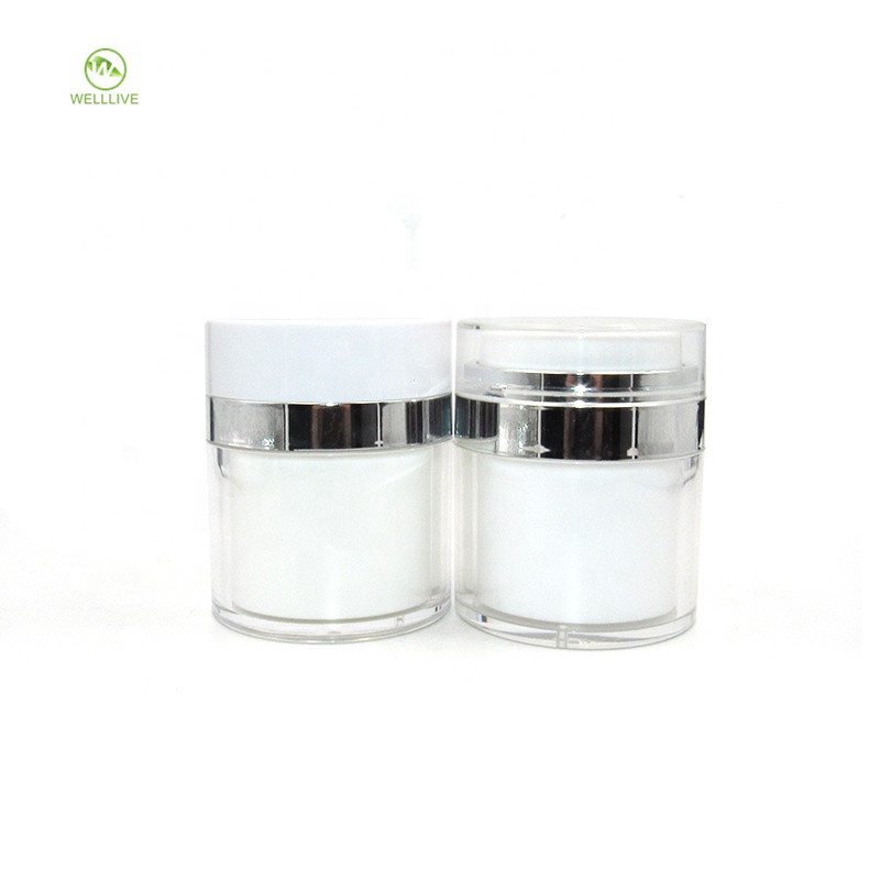 Plastic pharmaceutical cream use and press pump sealing type 50g round pearl white acrylic airless cosmetic serum jar