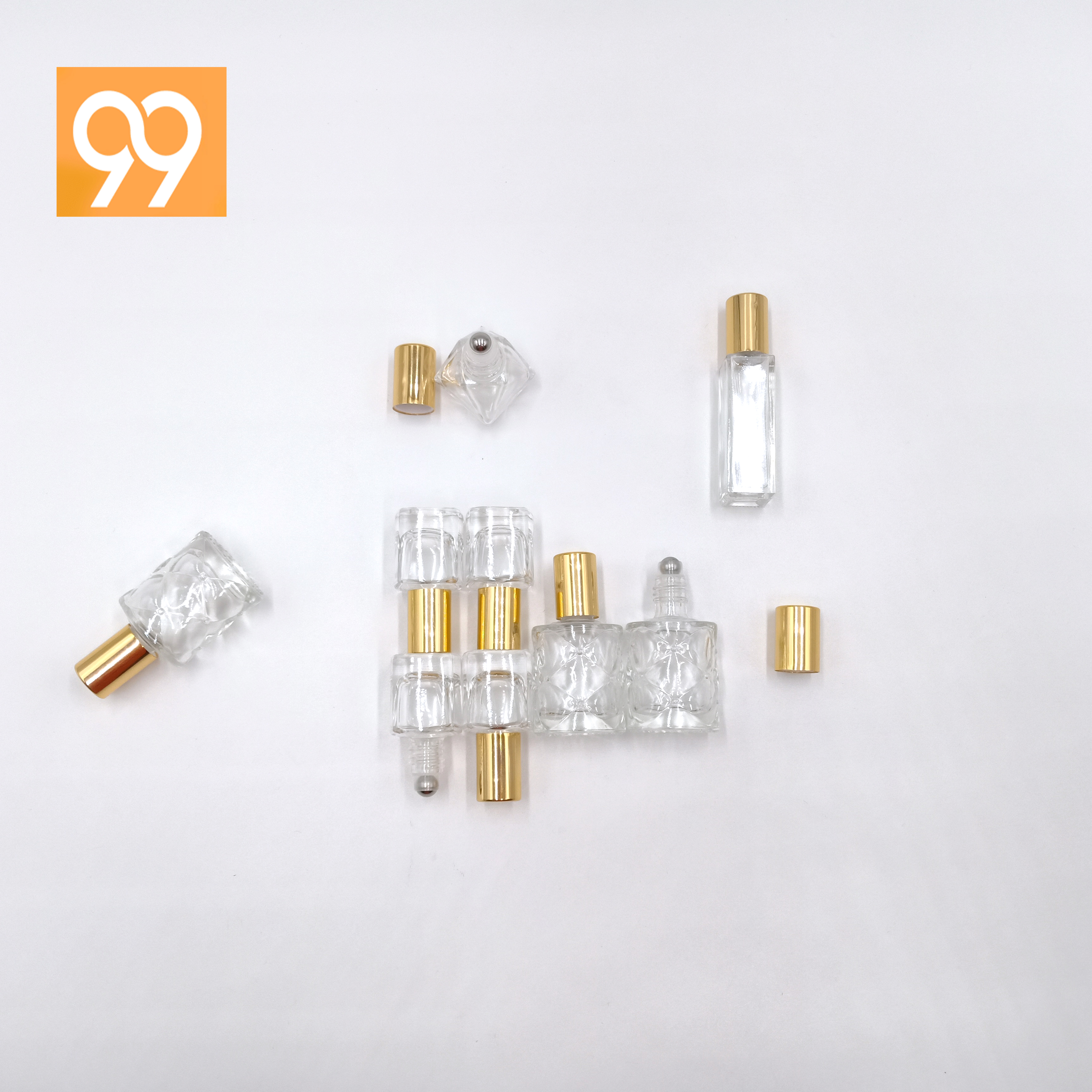 Polygon collection clear perfume roll on bottle essential oil glass roller bottle with steel ball and gold lid