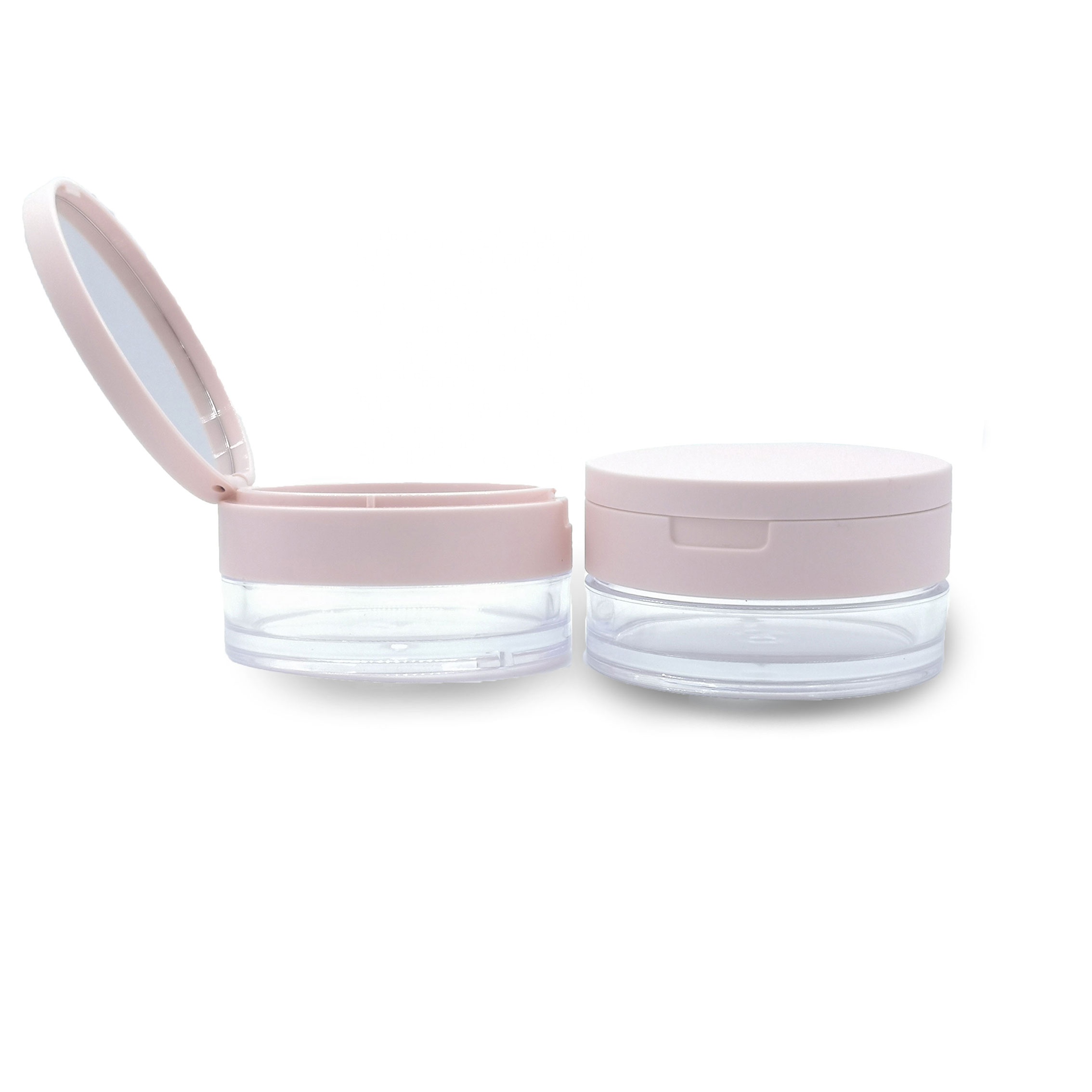 Popular 15g empty plastic loose powder container cosmetic packaging with pink black flip cap and sifter