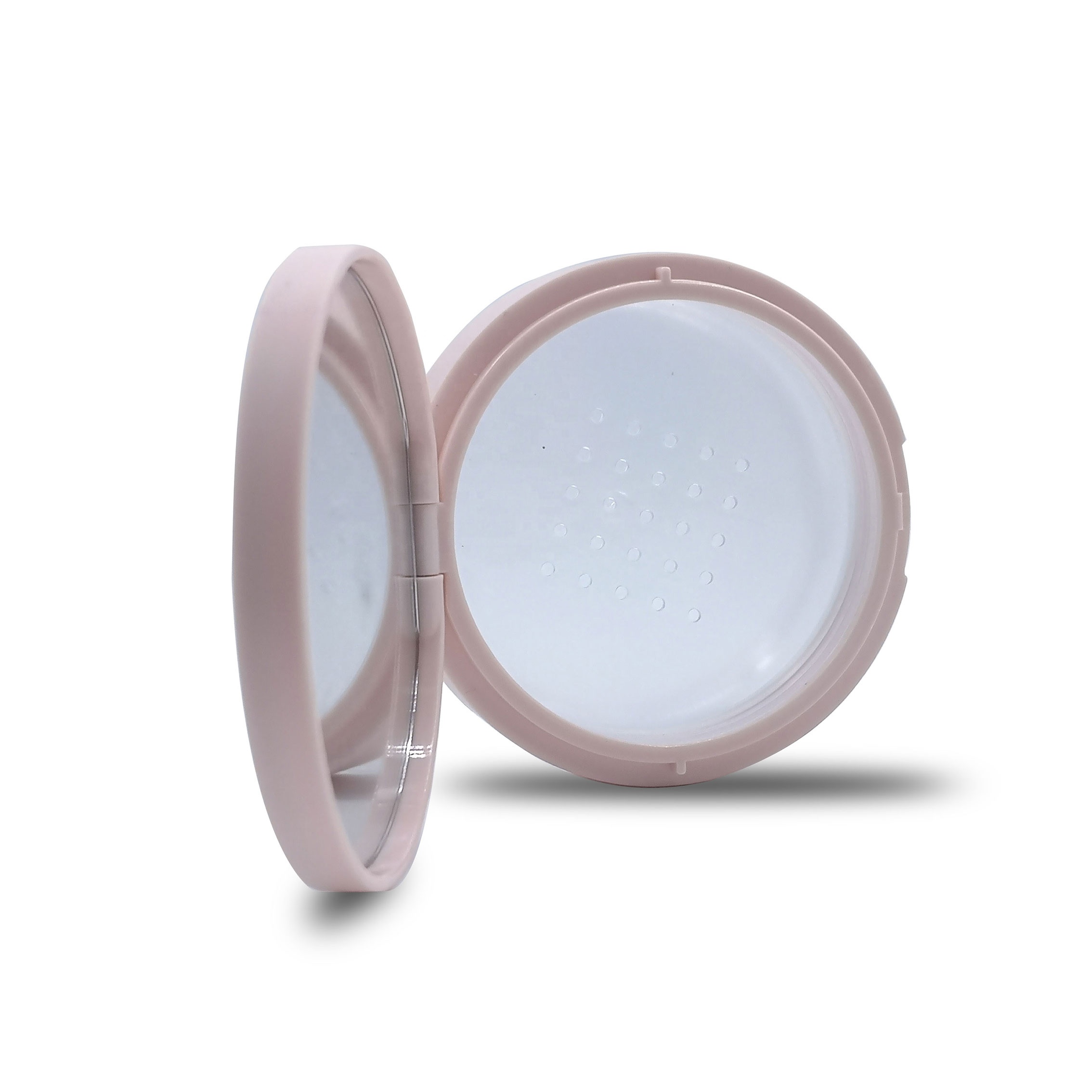 Popular 15g empty plastic loose powder container cosmetic packaging with pink black flip cap and sifter