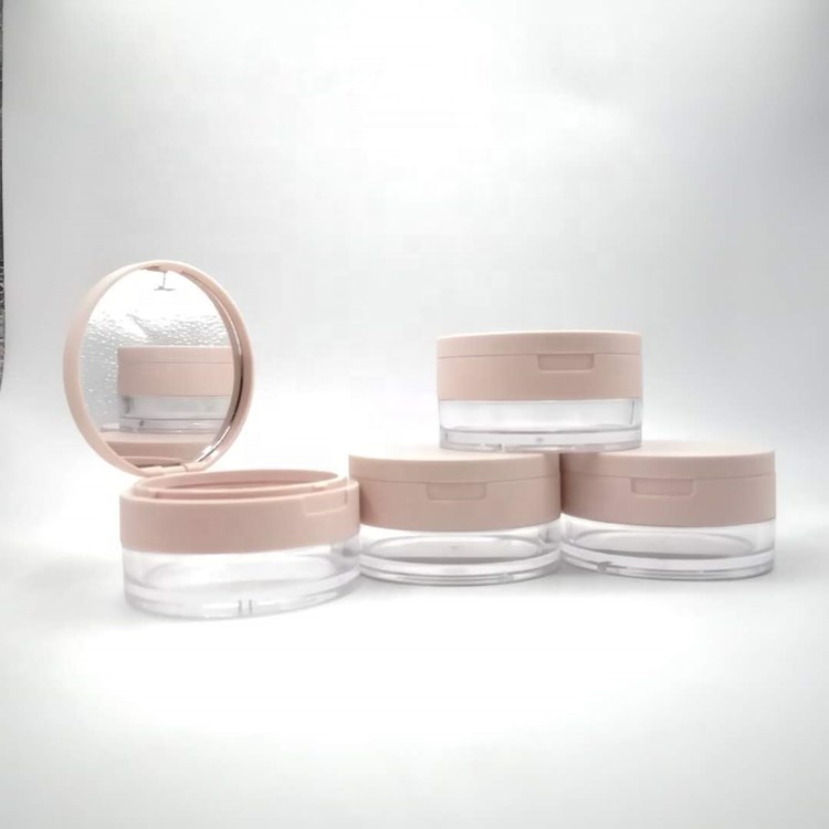 Popular 15g empty plastic loose powder container cosmetic packaging with pink black flip cap and sifter