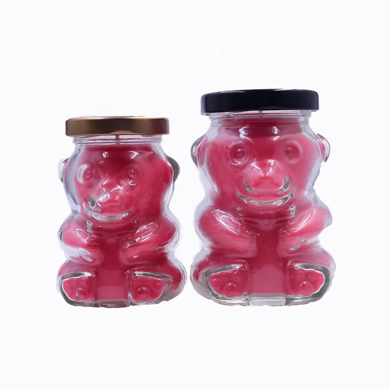 Popular 180 ml transparent clear bear shape candle glass jar honey jam candy snacks with paraffin