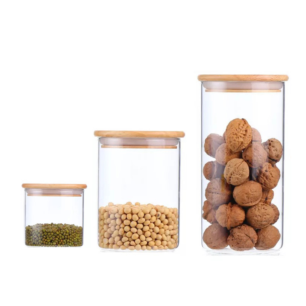 Popular 200ml 250ml 1000ml clear borosilicate food stackable candle glass jar with bamboo lid GSJ-17S