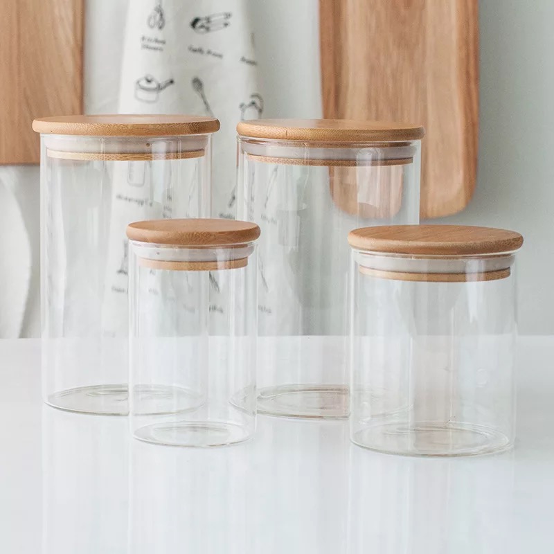 Popular 200ml 250ml 1000ml clear borosilicate food stackable candle glass jar with bamboo lid GSJ-17S