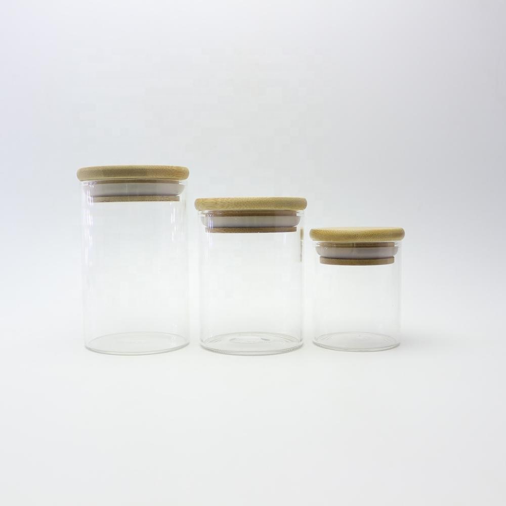 Popular 200ml 250ml 1000ml clear borosilicate food stackable candle glass jar with bamboo lid GSJ-17S