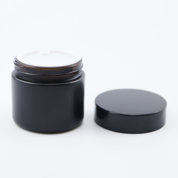 Popular 60g clear amber matte black glass cosmetic skincare cream jars with  black lids 2oz