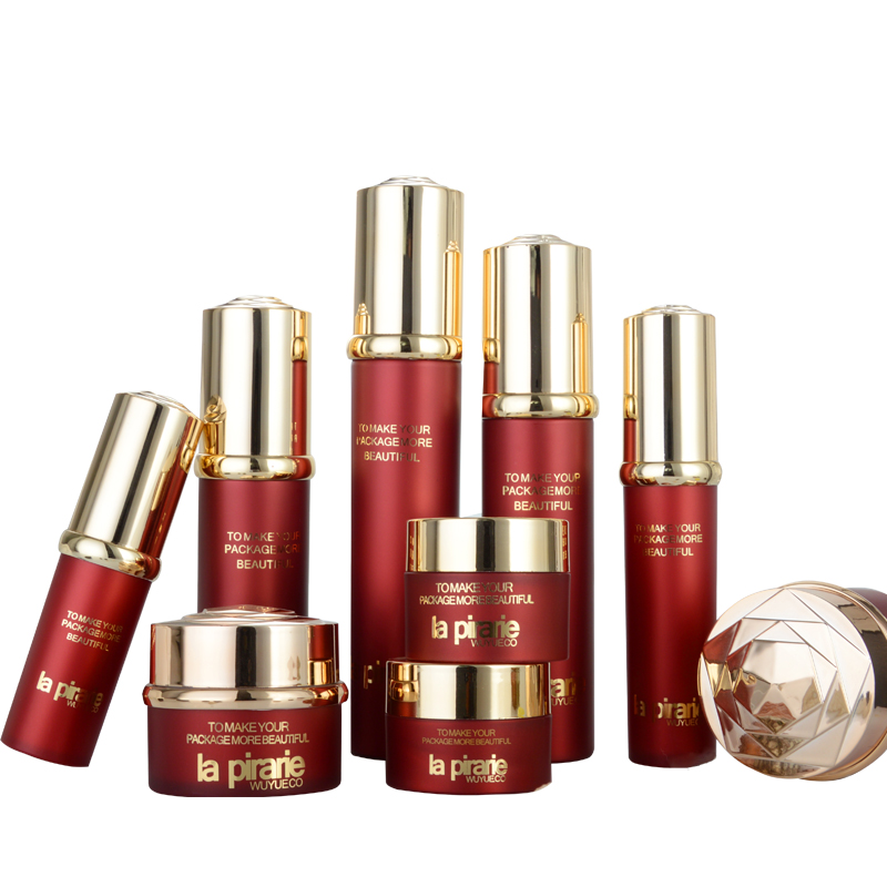 Popular Red Acrylic Pump Cosmetiscs Essence Plastic Customized Bottles Container Packaging Sets Cream Jars For Skin Care