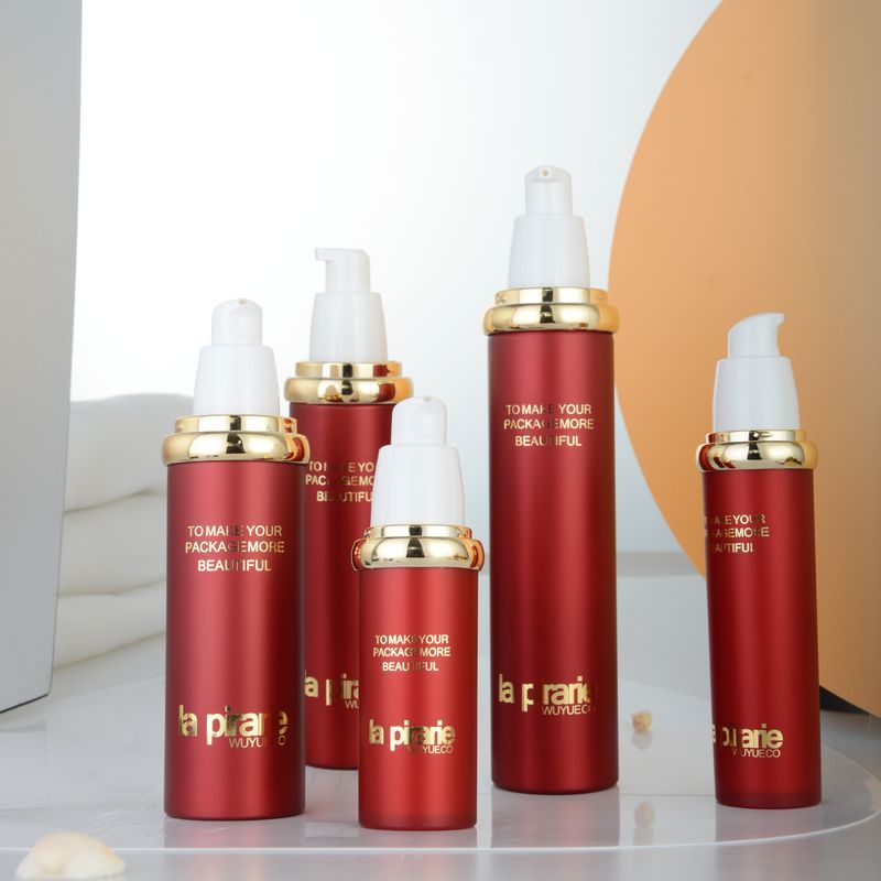 Popular Red Acrylic Pump Cosmetiscs Essence Plastic Customized Bottles Container Packaging Sets Cream Jars For Skin Care