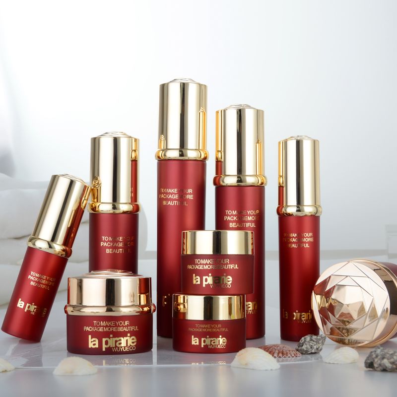 Popular Red Acrylic Pump Cosmetiscs Essence Plastic Customized Bottles Container Packaging Sets Cream Jars For Skin Care