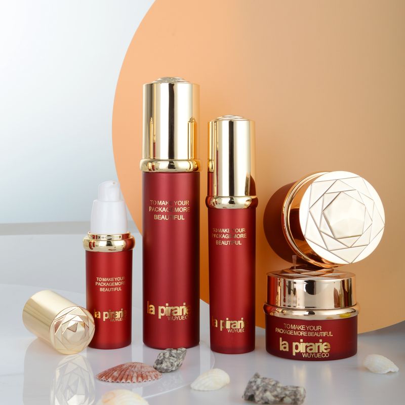 Popular Red Acrylic Pump Cosmetiscs Essence Plastic Customized Bottles Container Packaging Sets Cream Jars For Skin Care