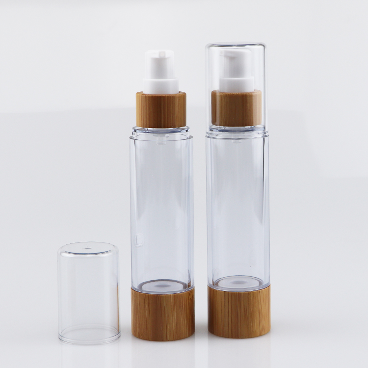 Popular bamboo cosmetic packaging 15ml 30ml 50ml 80ml 100ml 120ml plastic lotion pump bamboo airless bottle