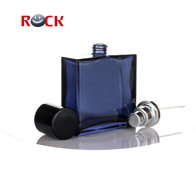 Popular cheap 50ml square shape blue glass perfume bottle with pump sprayer plastic black cap