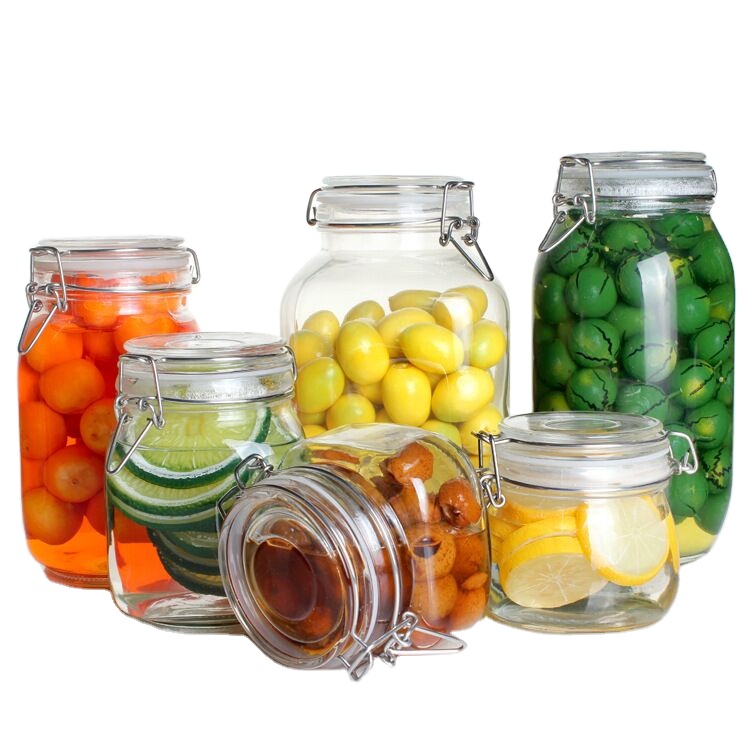 Popular large glass jars containers for food 250 ml 8oz 16oz glass airtight jars with stainless lock lid