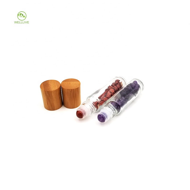 Portable 10ml clear gemstone glass roll on bottle with bamboo screw cap for aroma essential oil