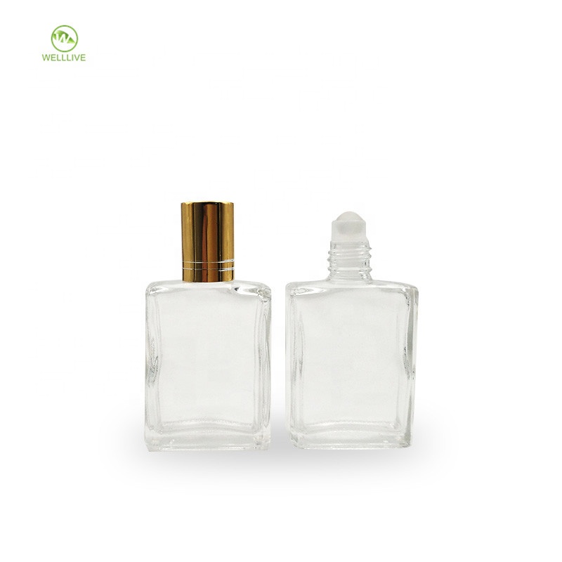 Portable 15ml square transparent perfume essential oil glass roller ball bottle with aluminum plastic screw cap