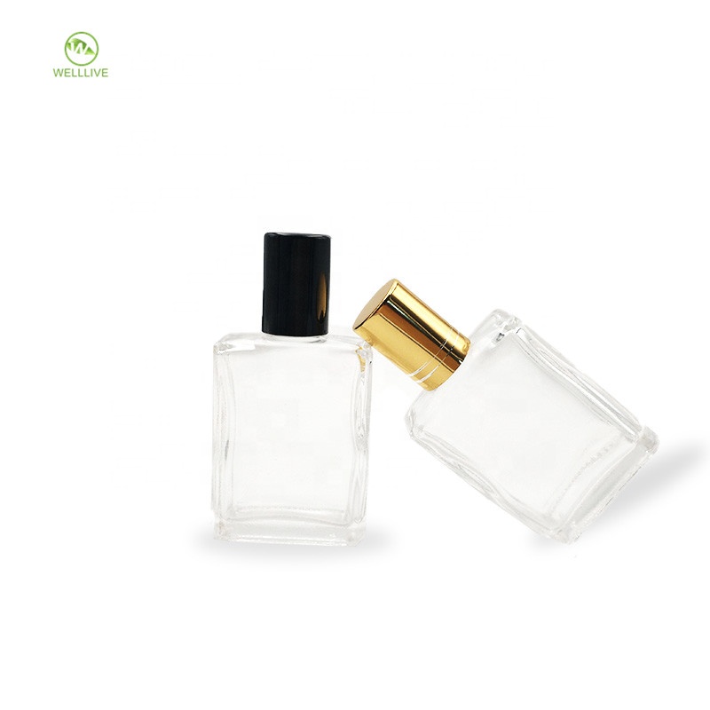 Portable 15ml square transparent perfume essential oil glass roller ball bottle with aluminum plastic screw cap