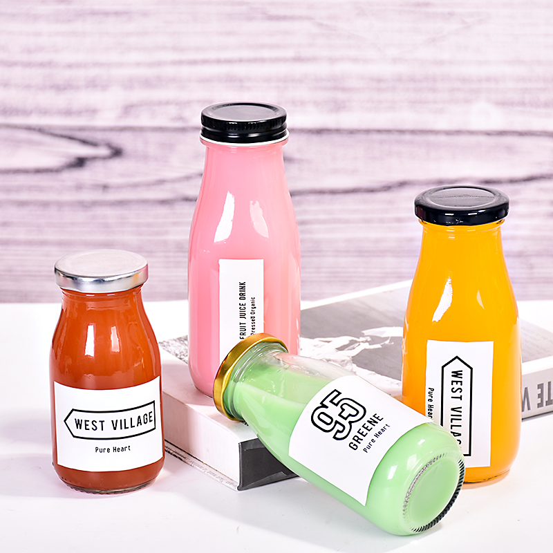 Portable 200ml 300ml Glass Coffee Milk Juice Beverage Bottle with metal cap