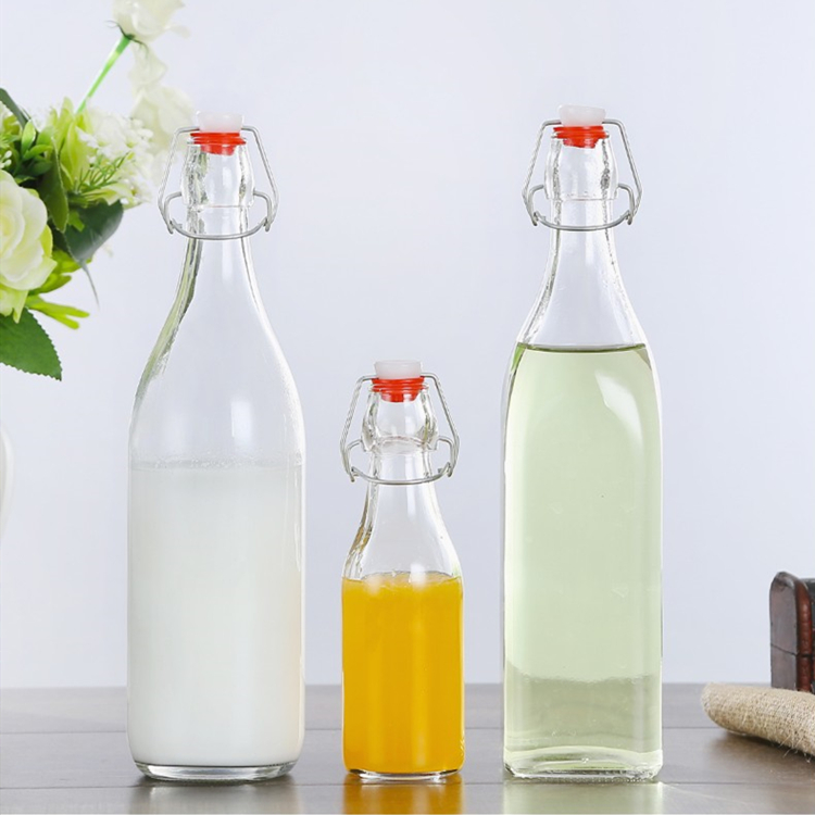 Portable 250ml 500ml 1000ml clear round and square glass juice bottle with clip top lid