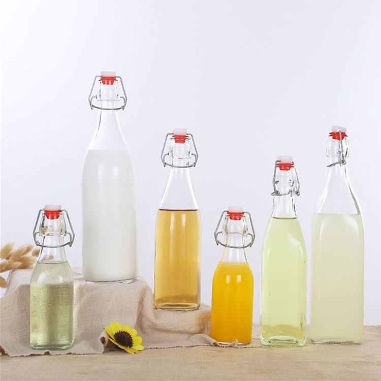 Portable 250ml 500ml 1000ml clear round and square glass juice bottle with clip top lid