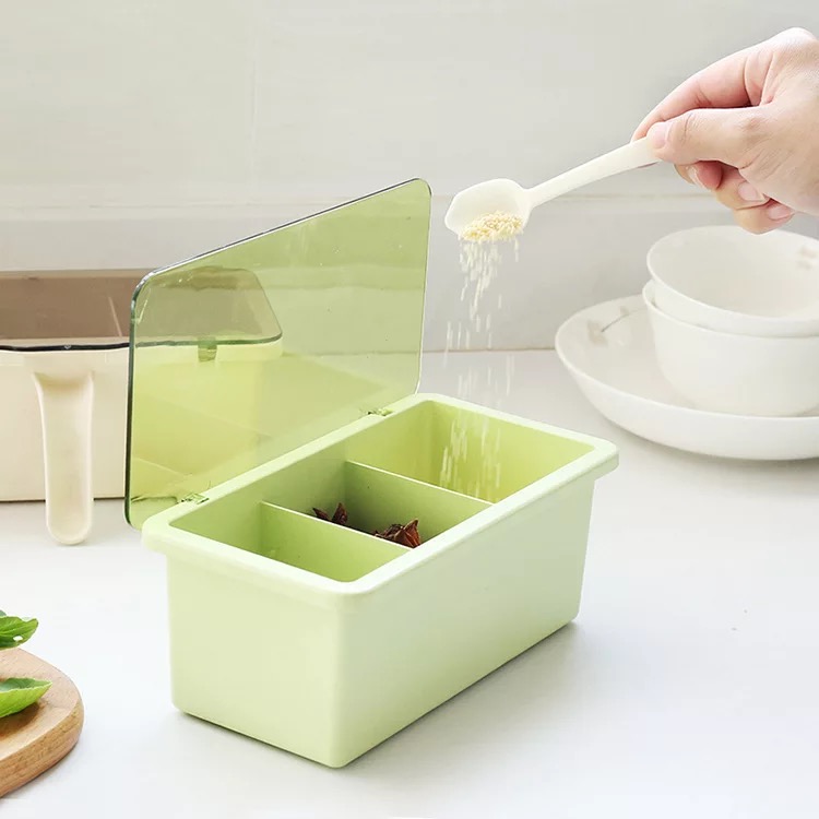 Portable 3 Compartment Bamboo fiber Condiment Container Spicy food Jar Spicy box with handle Salt Cellars seasoning box