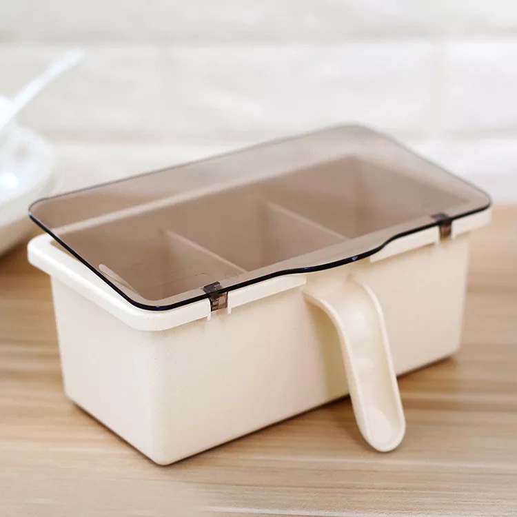 Portable 3 Compartment Bamboo fiber Condiment Container Spicy food Jar Spicy box with handle Salt Cellars seasoning box