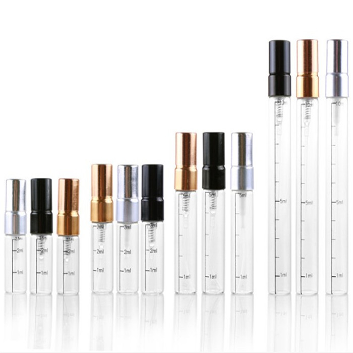 Portable refillable 2ml 3ml 5ml 10ml transparent empty clear perfume glass vials with plastic or aluminium pump cap