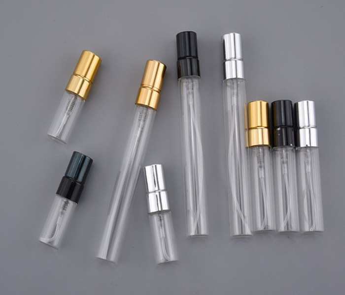 Portable refillable 2ml 3ml 5ml 10ml transparent empty clear perfume glass vials with plastic or aluminium pump cap