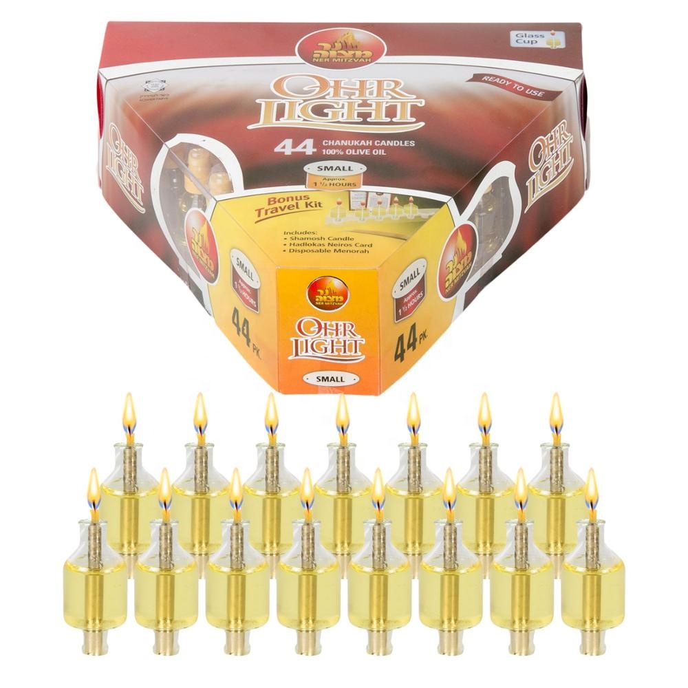 Pre-Filled Menorah Oil Cup Candles - Hanukkah Ohr Lights - 100% Olive Oil with Cotton Wick in Glass Cup( 9 pack)