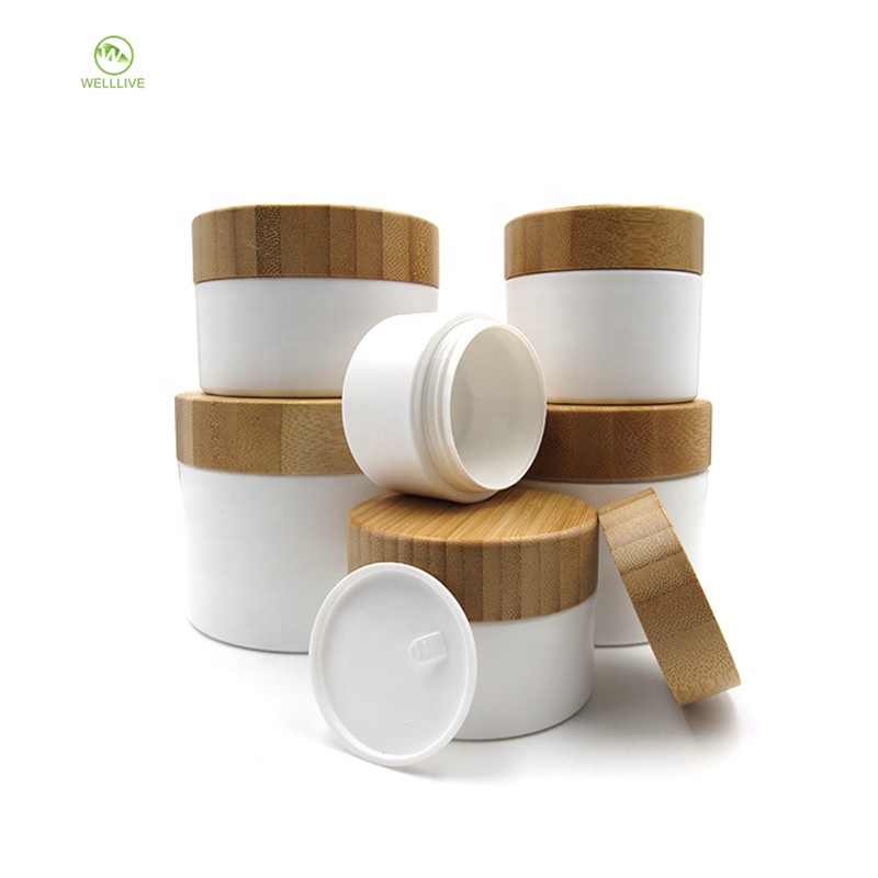 Premium 10g 20g 30g 50g 100g 150g 200g 250g white plastic pp cream foundation jar with bamboo cover lid