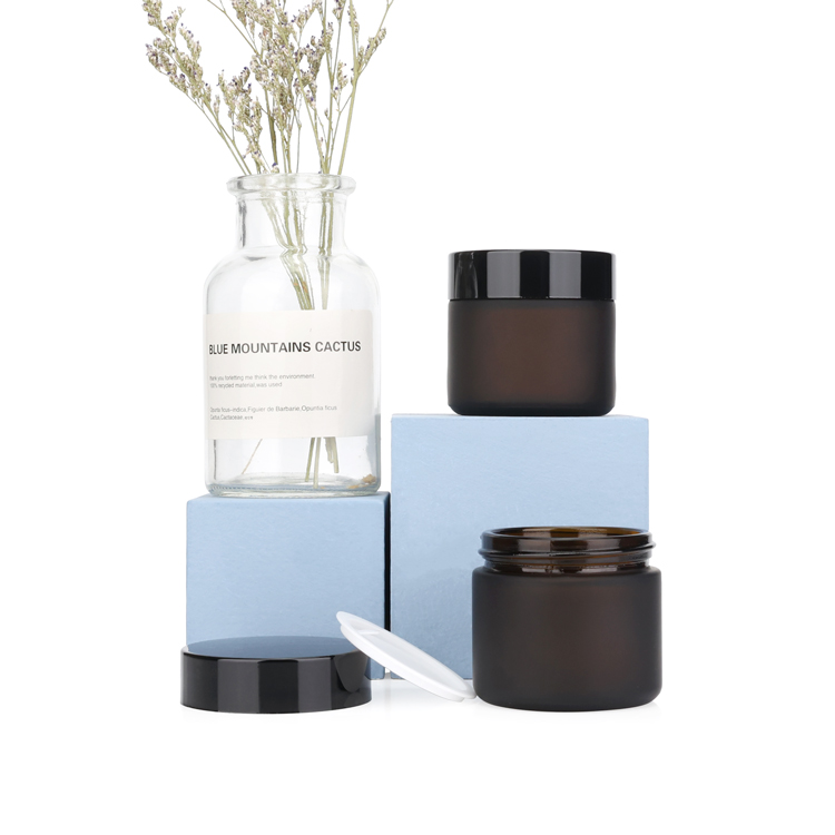 Premium 15 30 50 100 g 4oz empty cylinder matte lotion day nignt cream containers frosted amber glass jar black lid