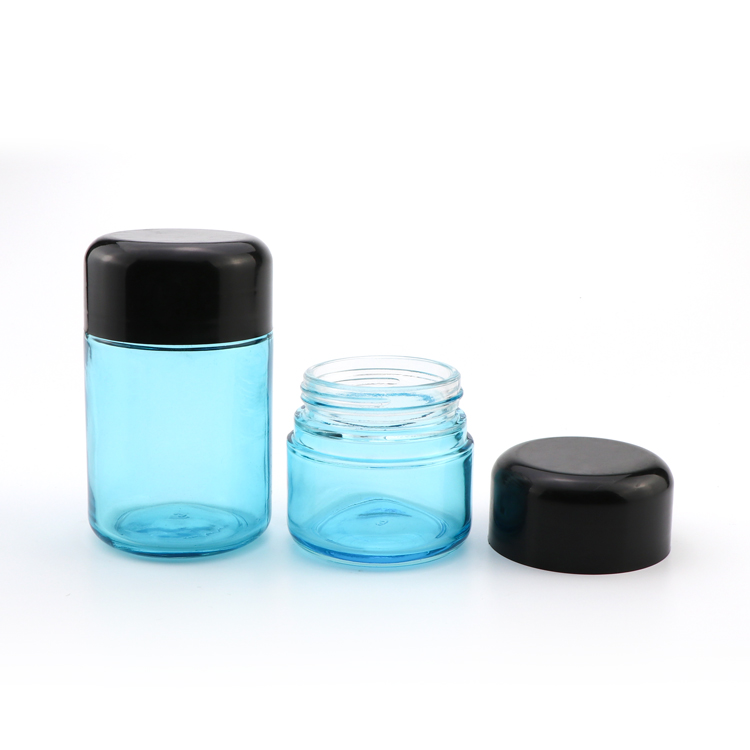 Premium 2oz 3oz 5oz herb thick wall container weed round bottom light blue child proof glass storage jar with dark cap