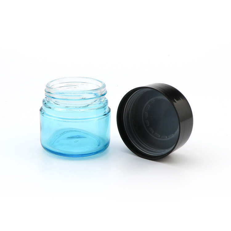 Premium 2oz 3oz 5oz herb thick wall container weed round bottom light blue child proof glass storage jar with dark cap