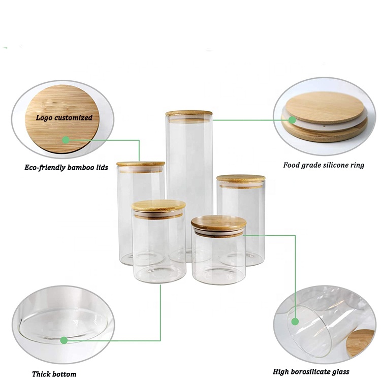 Premium High Borosilicate glass food storage Jar Kitchen Glass food container with bamboo lids