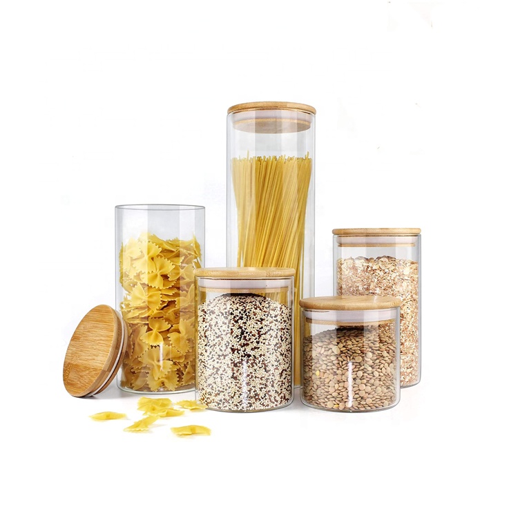 Premium High Borosilicate glass food storage Jar Kitchen Glass food container with bamboo lids