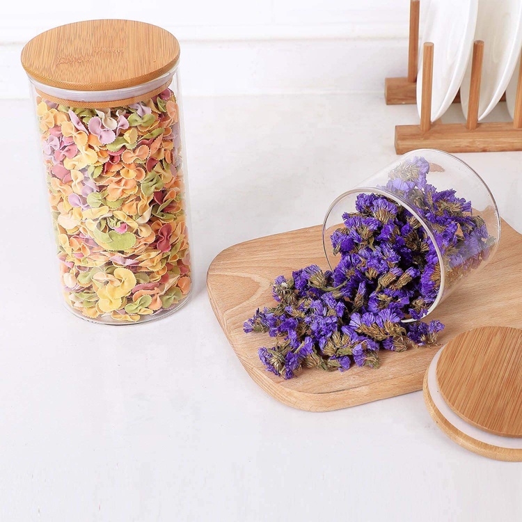 Premium High Borosilicate glass food storage Jar Kitchen Glass food container with bamboo lids