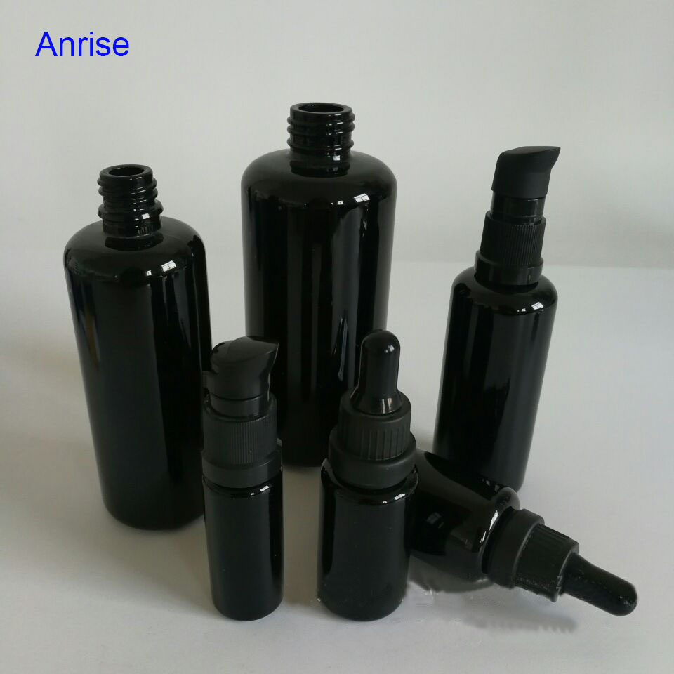 Premium Quality 10ml 15ml 30ml 50ml 100ml 200ml Flat Shoulder Black Violet Glass Serum Oil Dropper Pump Bottle