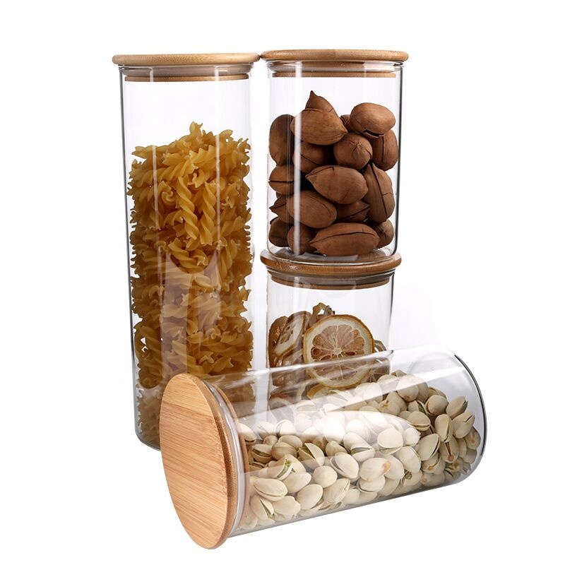 Premium Quality High Borosilicate Glass Jar Kitchen Food Storage Canister Container With Wooden Airtight Lid