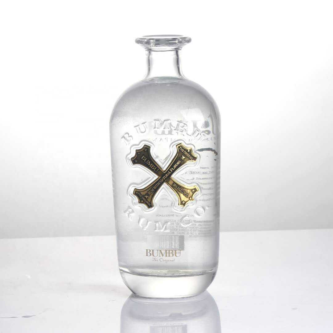 Premium bespoke 750 ml 750ml 700ml pewter metal labels rum whiskey whisky vodka gin spirits glass bottle with cork stopper