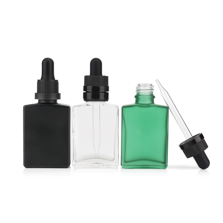 Premium black square essential oil packing 20ml 30ml 50ml glass dropper bottle with dark plastic cap for body care