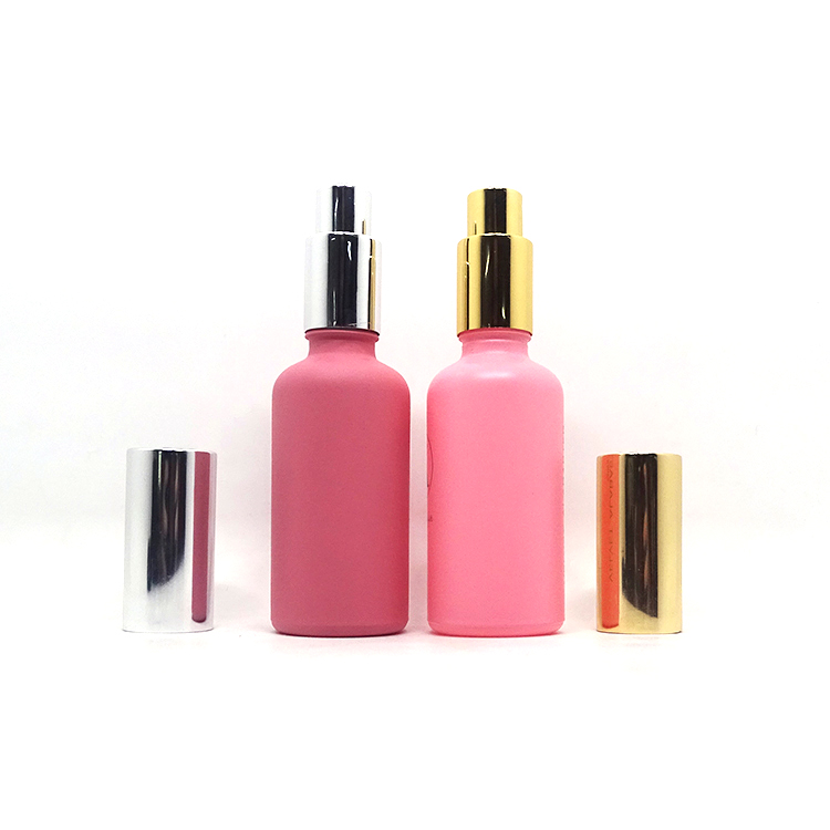 Premium cosmetic packaging 30ml pink frosted spray bottle glass with gold cap envases cosmeticos goteros de vidrio