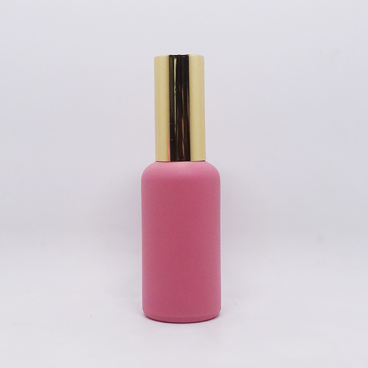 Premium cosmetic packaging 30ml pink frosted spray bottle glass with gold cap envases cosmeticos goteros de vidrio