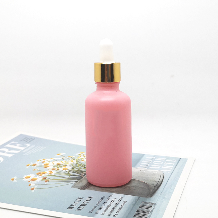 Premium cosmetic packaging 30ml pink frosted spray bottle glass with gold cap envases cosmeticos goteros de vidrio