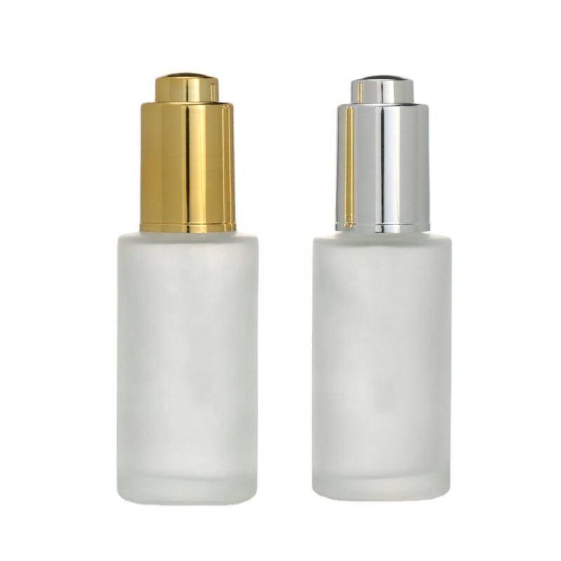Press pump Push button flat shoulder essential oil bottle customize frosted cosmetic glass dropper bottle