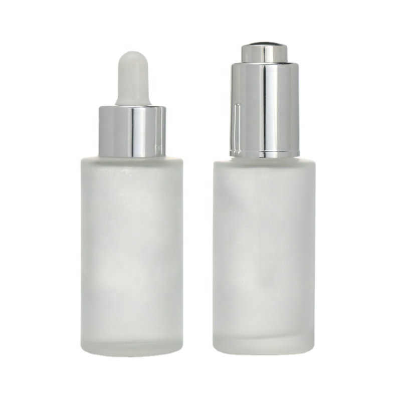 Press pump Push button flat shoulder essential oil bottle customize frosted cosmetic glass dropper bottle