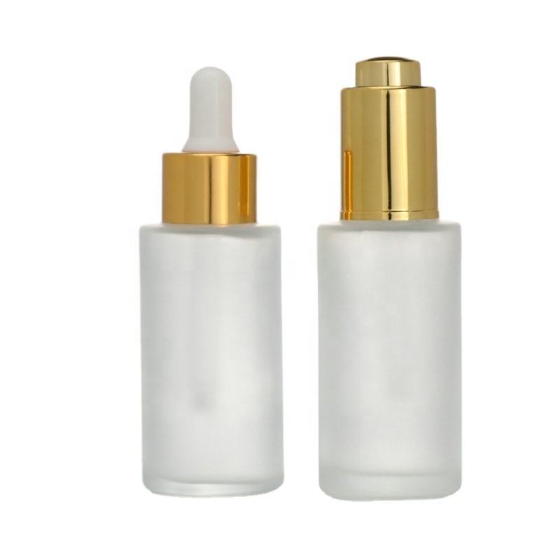 Press pump Push button flat shoulder essential oil bottle customize frosted cosmetic glass dropper bottle