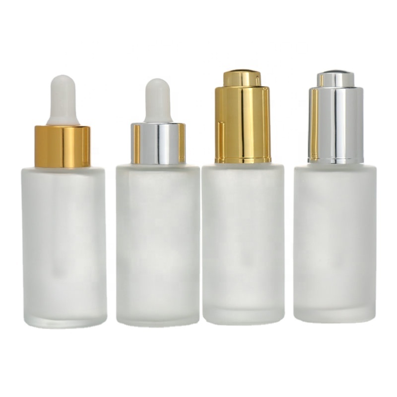 Press pump Push button flat shoulder essential oil bottle customize frosted cosmetic glass dropper bottle