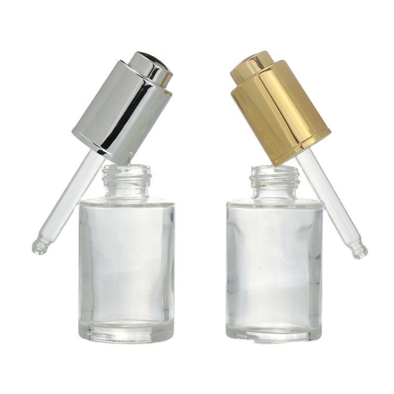 Press pump Push button flat shoulder essential oil bottle customize frosted cosmetic glass dropper bottle
