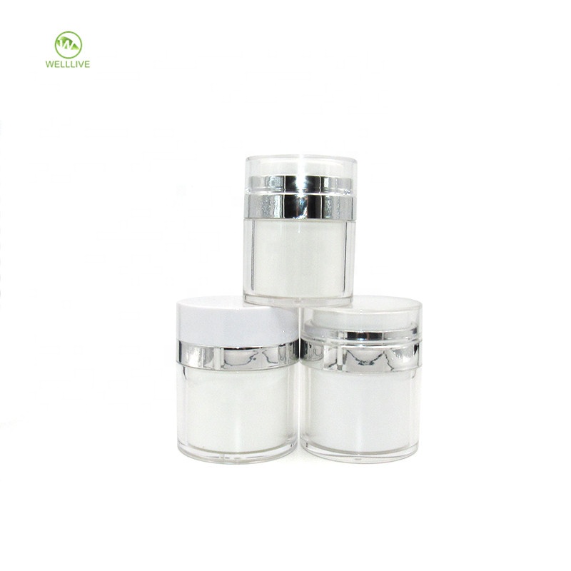 Press pump sealing type 50g pearl white PMMA acrylic cosmetic airless plastic cream jar with clear cap